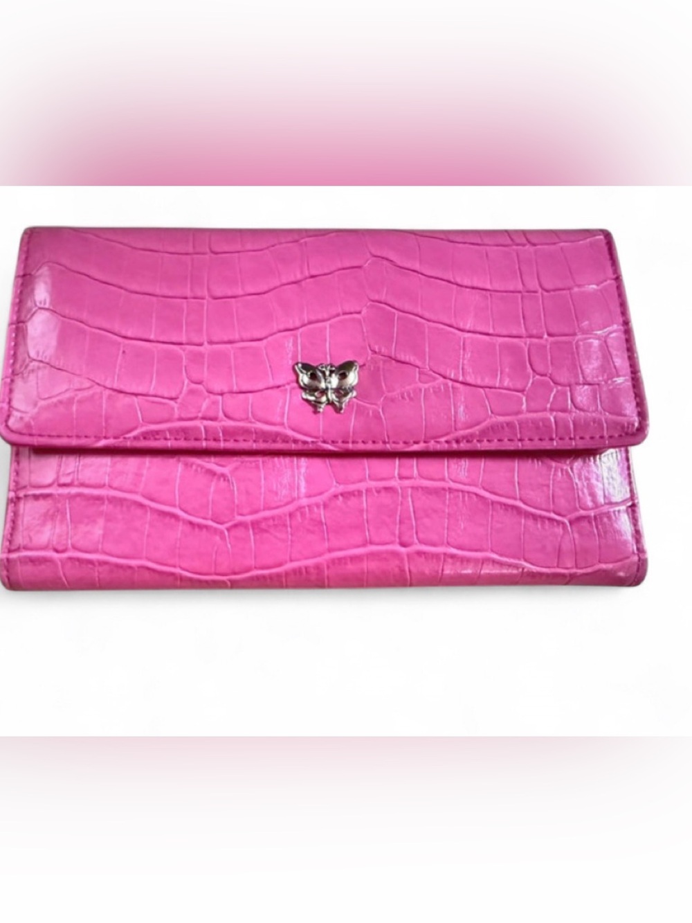 Pink Croc-Embossed Women's Clutch Wallet with Silver Butterfly Accent